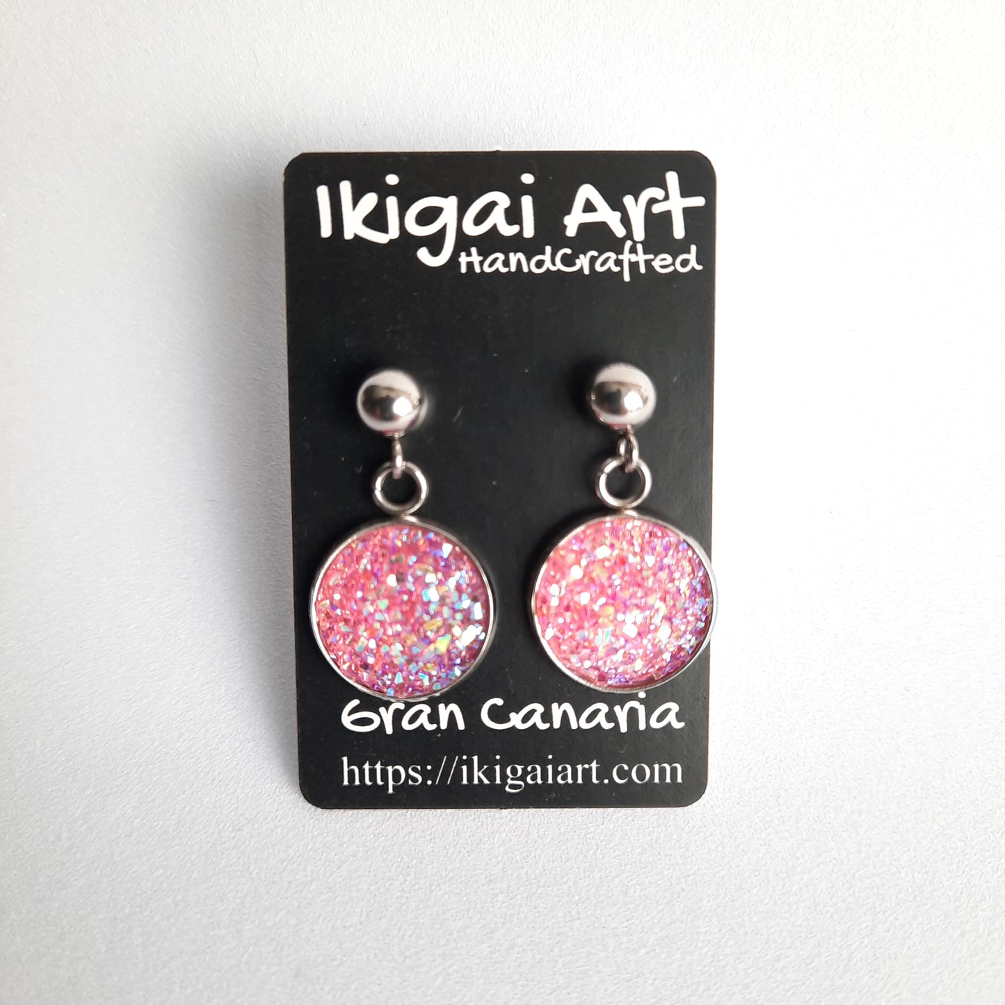 Pendientes Redondo Resina con Base Acero rosa