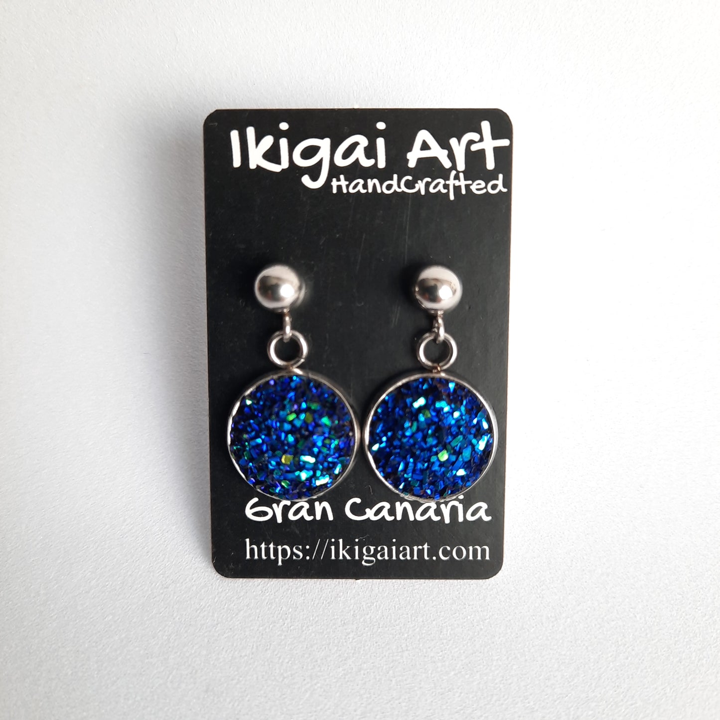 Pendientes Redondo Resina con Base Acero azul verde