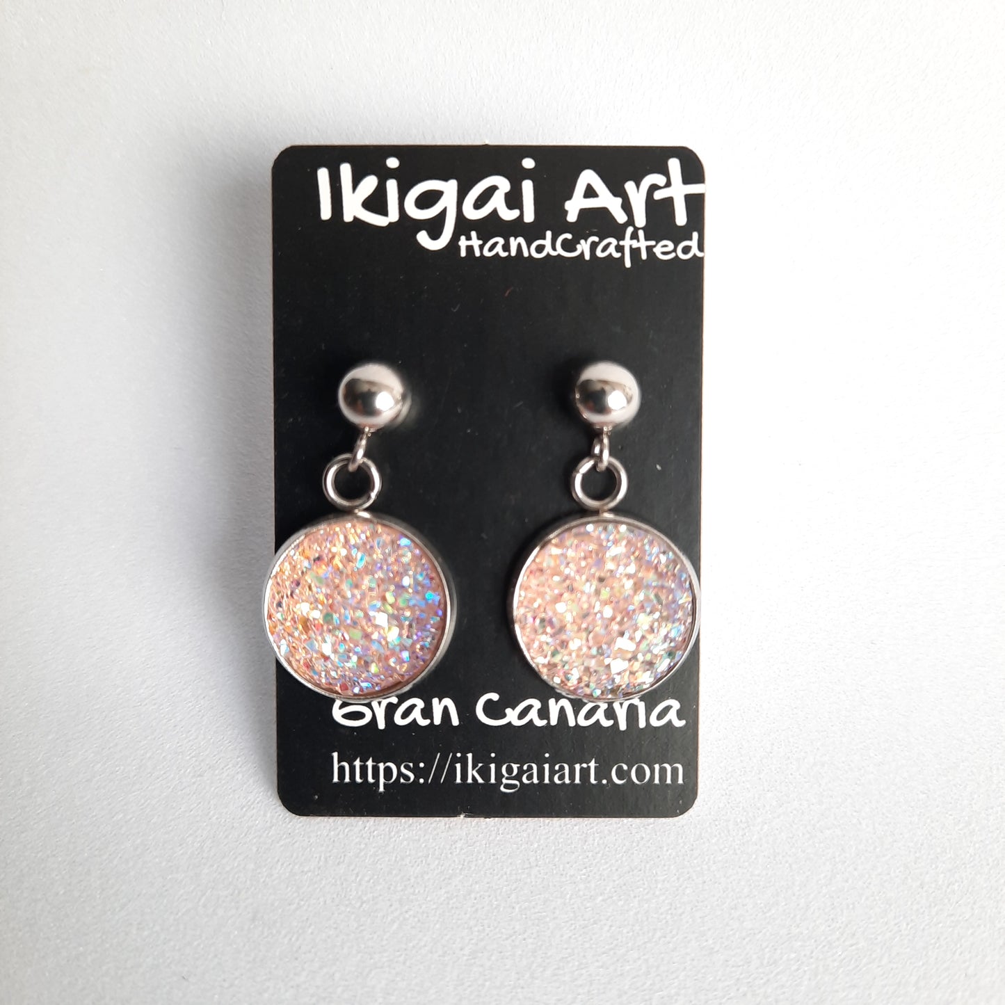 Pendientes Redondo Resina con Base Acero rosa claro