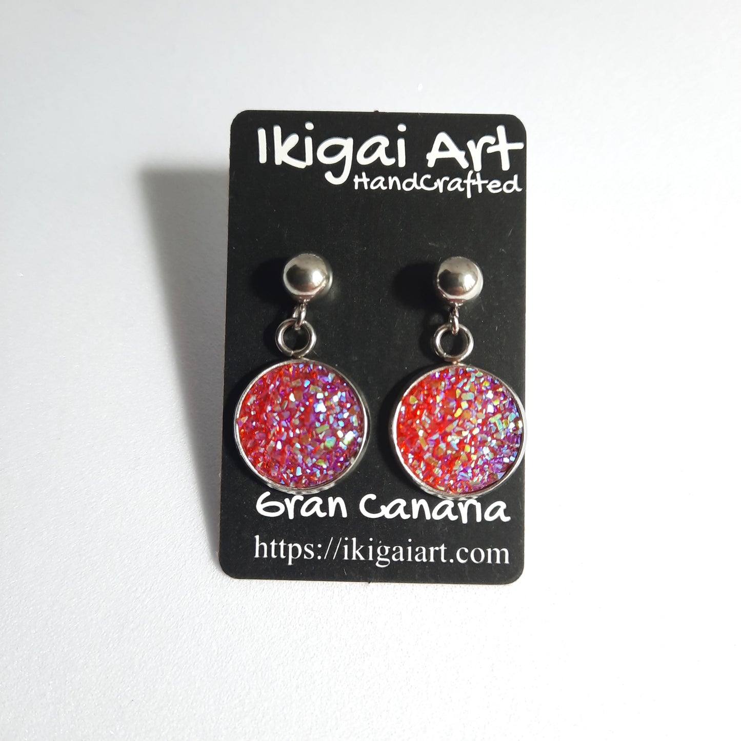 Pendientes Redondo Resina con Base Acero rojo