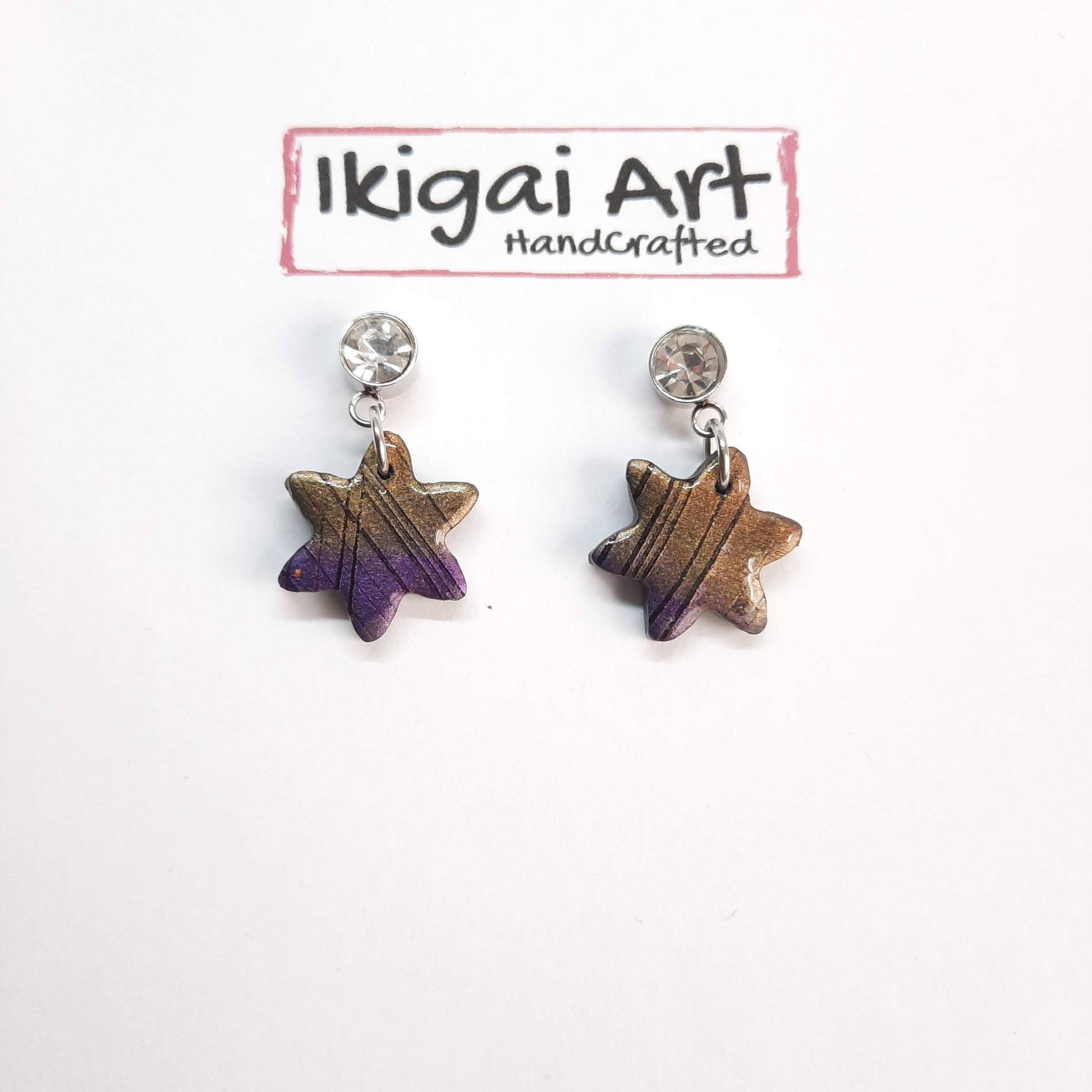 Pendientes Estrella Labradorita Violeta con Base Acero y Strass