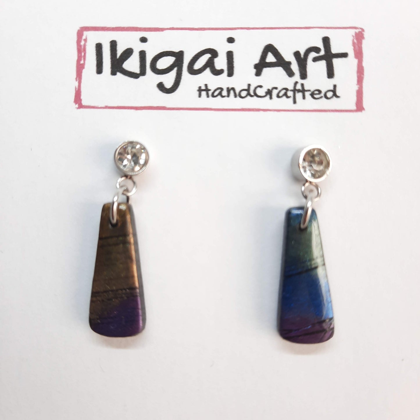 Pendientes Trapecio Labradorita Violeta con Base Acero y Strass
