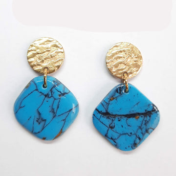Pendientes Cuadrado Redondeado Turquesa con Base Dorada