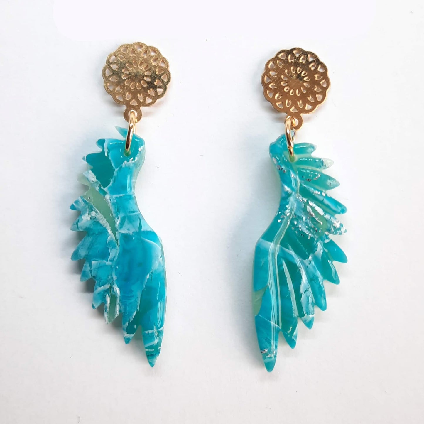 Pendientes Alas Aguamarina con Base Dorada