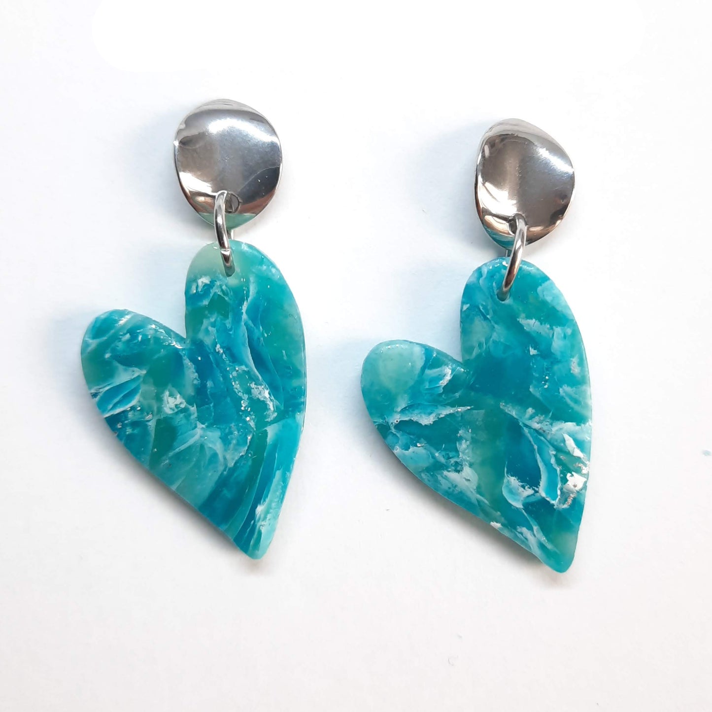 Pendientes Corazón Pleno Aguamarina con Base Plateada