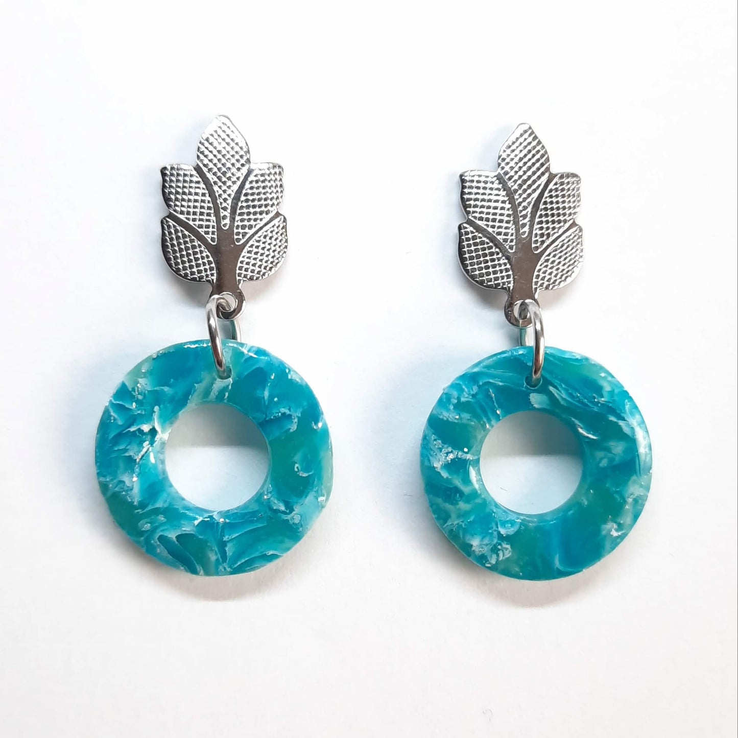 Pendientes Donut Pequeños Aguamarina con Base Plateada