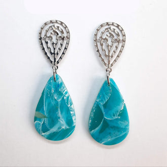 Pendientes Gota Grande Aguamarina con Base Plateada