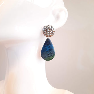 Pendientes Gota Grandes Labradorita Azul con Base Acero