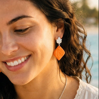 Pendientes India Naranja con Base Plateada
