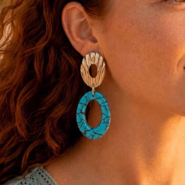 Pendientes Ovalados Turquesa Con Base Plateada