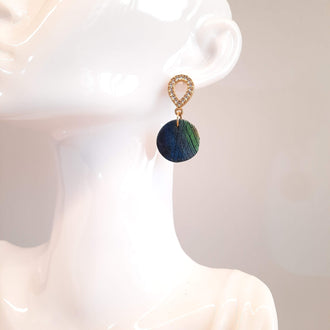 Pendientes Redondos Labradorita Azul con Base Dorada y Strass