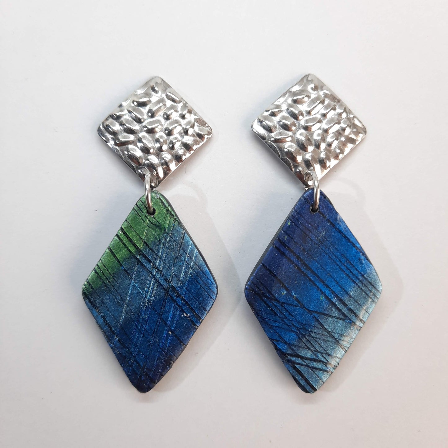 Pendientes Rombo Grandes Labradorita Azul con Base Plateada