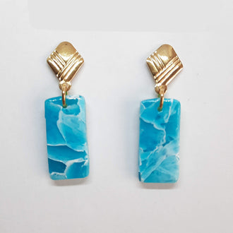 Pendientes Rectangulo Aguamarina con Base Dorada