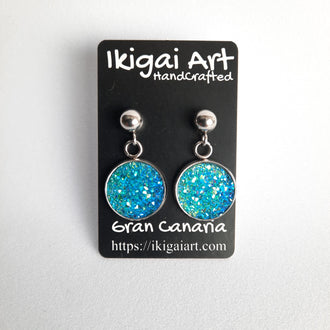 Pendientes Redondo Resina con Base Acero turquesa 