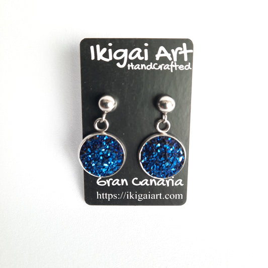Pendientes Redondo Resina con Base Acero azul
