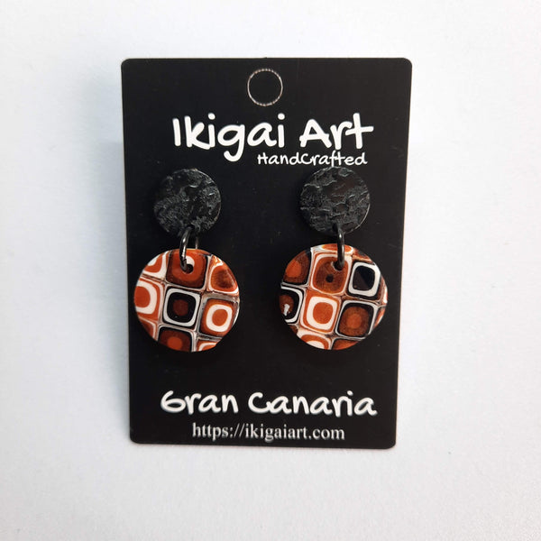 Pendientes Redondo Naranja Negro Blanco con Base Acero