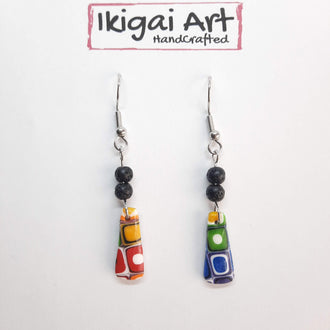 Pendientes Trapecio Arcoíris con Gancho Acero y Bolitas de Lava