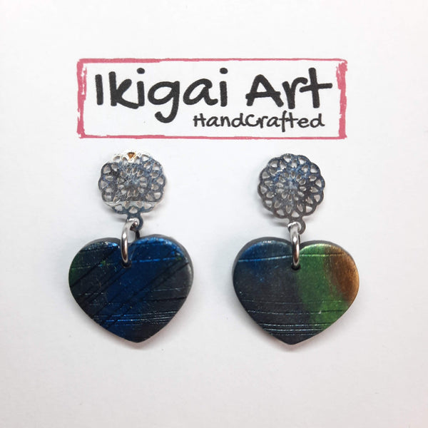 Pendientes Corazón Labradorita Azul con Base Acero