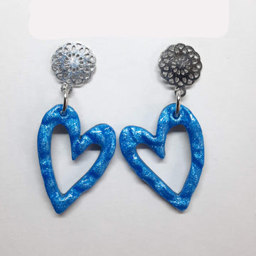 Pendientes Corazón Hueco Azul con Base Acero