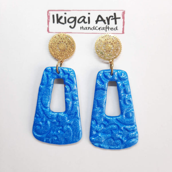 Pendientes Trapecio Grande Azul con Base Dorada