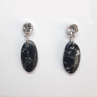 Pendientes Ovalado Negro Mármol con Base Acero y Strass