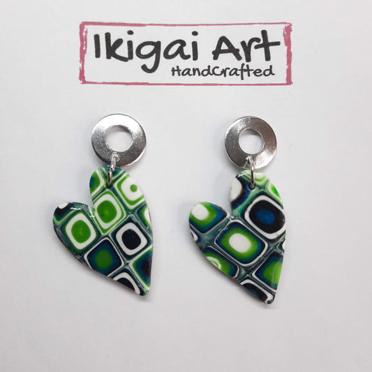 Pendientes Corazón Verde Blanco con Base Acero