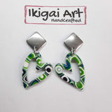 Pendientes Corazón Verde Blanco con Base Acero