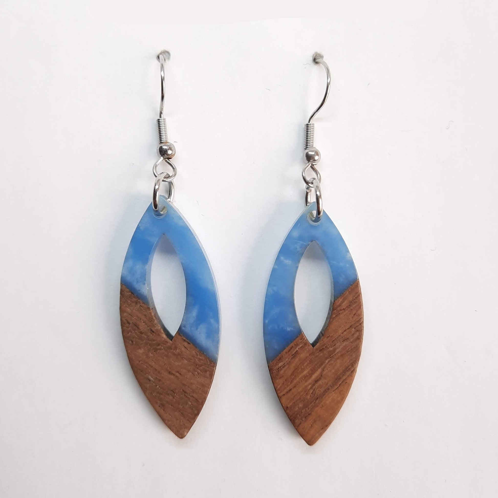 Pendientes Oval Azul Resina y Madera con Gancho