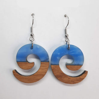 Pendientes Espiral Azul Resina y Madera con Gancho