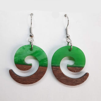 Pendientes Espiral Verde Resina y Madera con Gancho