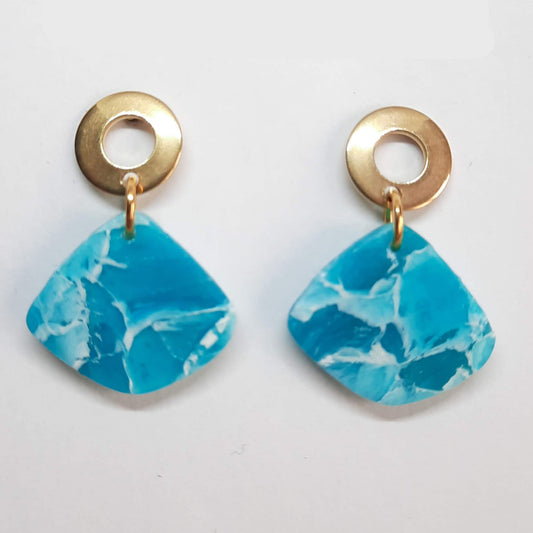 Pendientes Abanico Aguamarina con Base Dorada