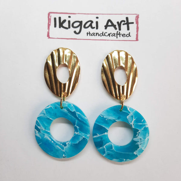 Pendientes Donut Mediano Aguamarina con Base Dorada