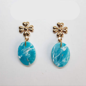 Pendientes Óvalo Aguamarina con Base Dorada