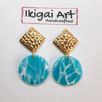 Pendientes Redondo Aguamarina con Base Dorada