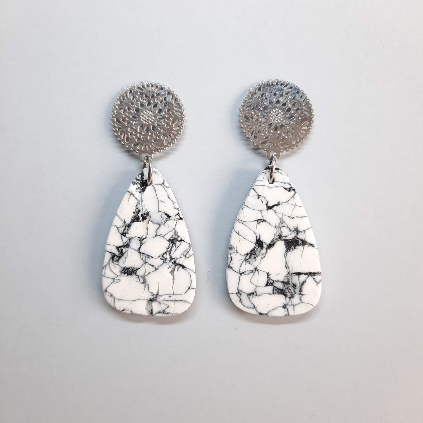 Fantasy White Marble Earrings with Steel Base