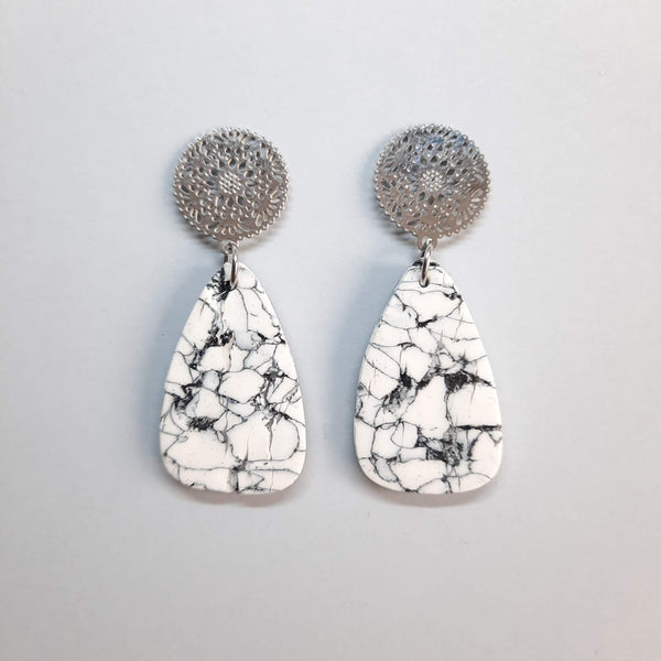 Fantasy White Marble Earrings with Steel Base