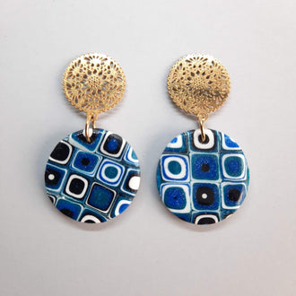 Pendientes Redondo Grande Pasión Azul con Base Dorada