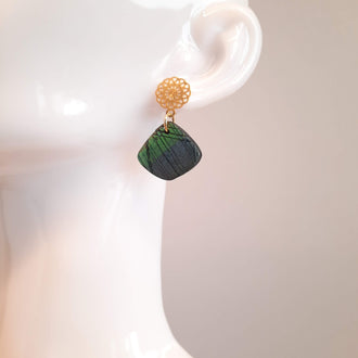 Pendientes Abanico Labradorita Azul con Base Dorada