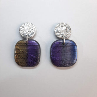 Pendientes Aura Medianos Labradorita Violeta con Base Plateada