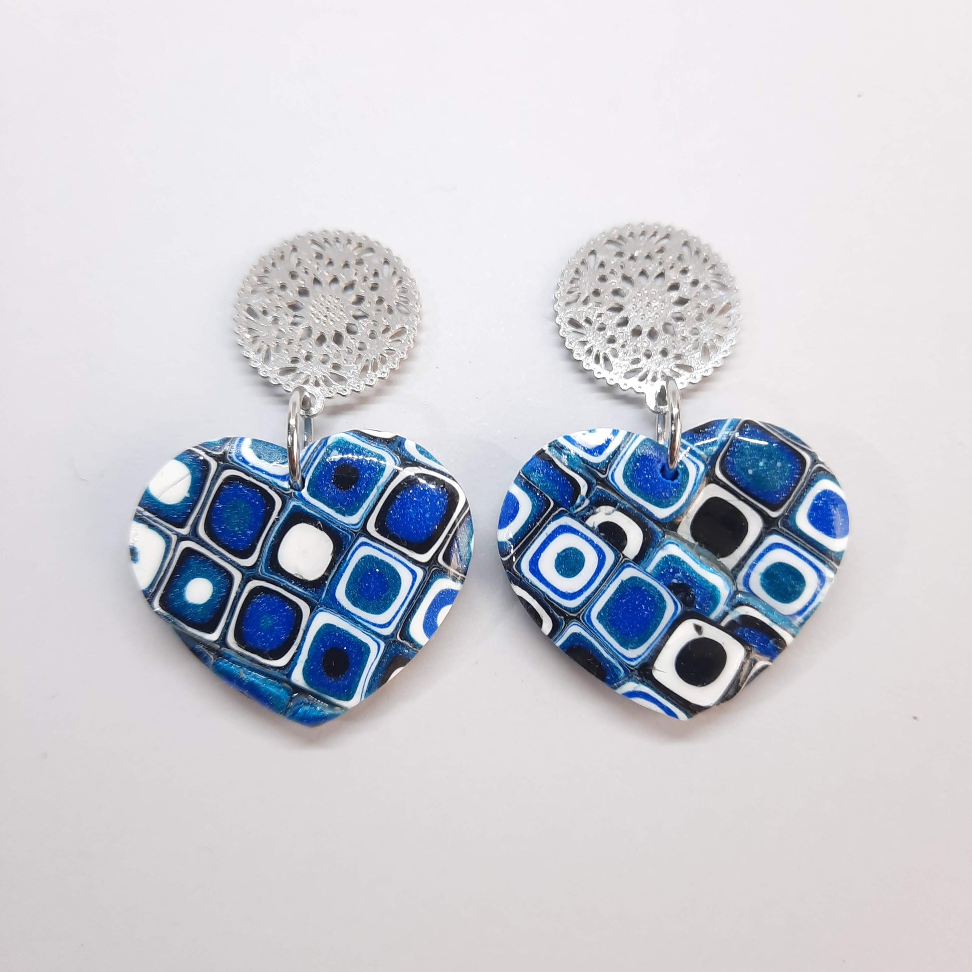 Pendientes Corazón Ancho Grandes Pasión Azul Con Base Plateada