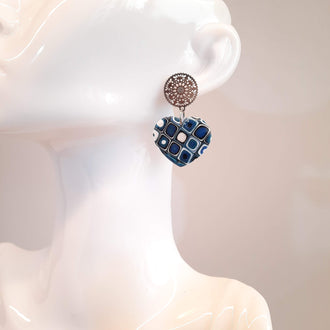 Pendientes Corazón Ancho Grandes Pasión Azul Con Base Plateada