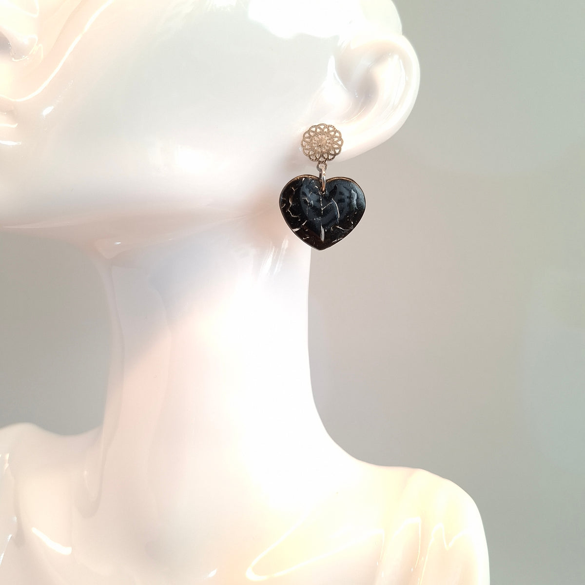 Pendientes Corazón Ancho Medianos Negro Mármol