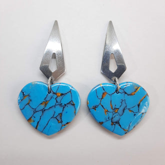 Pendientes Corazón Ancho Turquesa Con Base Plateada