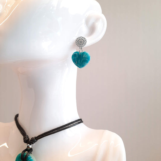 Pendientes Corazón Clásico Pequeños Aguamarina con Base Acero