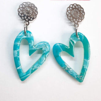 Pendientes Corazón Hueco Aguamarina con Base Acero