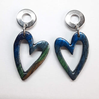 Pendientes Corazón Hueco Labradorita Azul con Base Acero