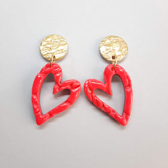 Pendientes Corazón Hueco Rosa Neon con Base Dorada