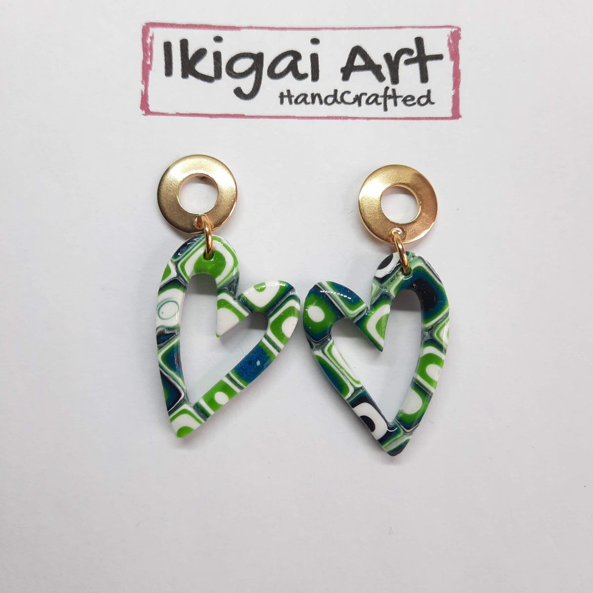 Pendientes Corazón Hueco Mosaico Verde Con Base orada