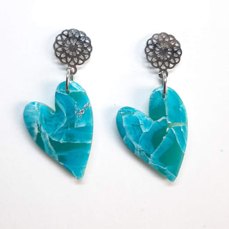Pendientes Corazón Pleno Aguamarina con Base Plateada