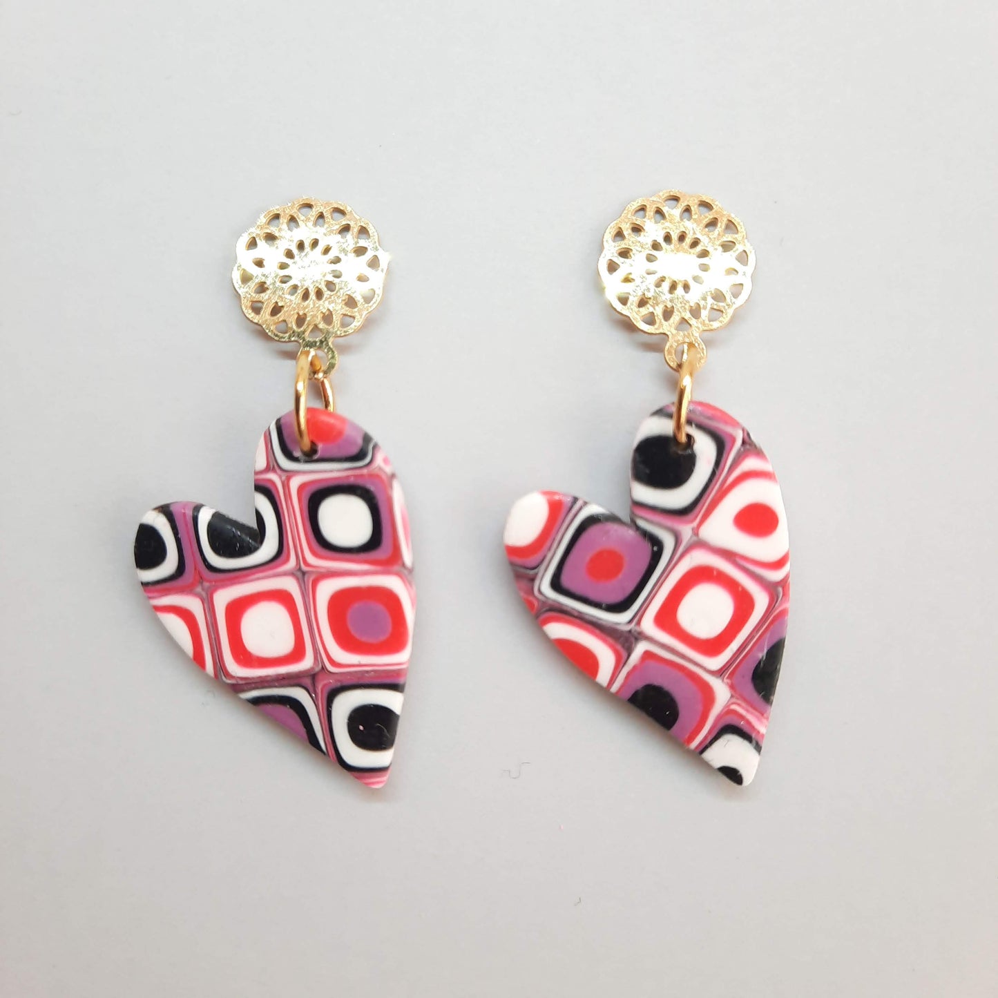 Pendientes Corazón Pleno Rosa Verano con Base Dorada